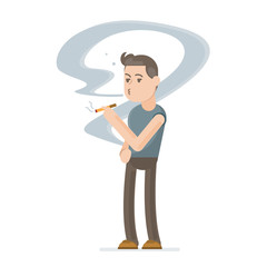 Young man smoking cigarette. Vector character cartoon illustration.