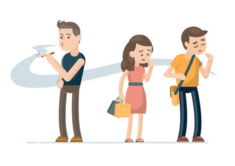 Young man smoking cigarette and people covering face from cigarette smoke, Passive smoking concept. Vector character illustration.