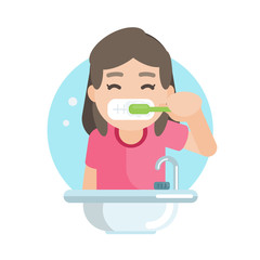 Happy cute girl brushing teeth in bathroom, Vector character illustration.