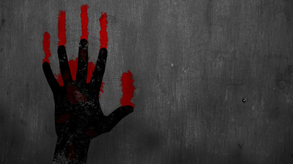 Bloody hand on a wall with space for your text or logo, Grunge illustration of hand trying to escape from death, Epic terror background, Stop War Concept - obrazy, fototapety, plakaty