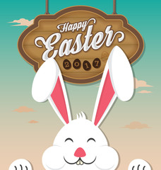 Happy Easter 2017 with wooden board hanging and smiling rabbit. Vector illustration