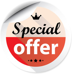 Special offer red colorful label, sticker, sign, icon and stamp with crown on white background.