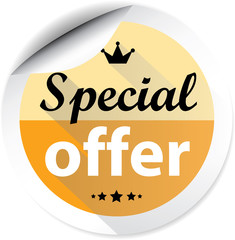 Special offer orange colorful label, sticker, sign, icon and stamp with crown on white background.