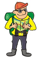 Tourist and tourist guide. Vector icon. Man with rucksack, binoculars and map.
