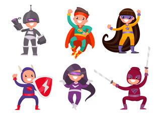 Set of children dressed in superhero costumes on a white background. Vector illustration in a flat style © tynyuk