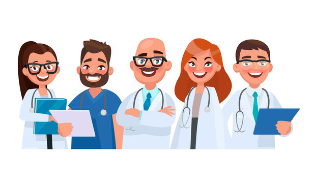 Team of doctors on isolated background. Medical workers. Vector illustration