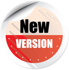 New version red colorful label, sticker, sign, icon and stamp with crown on white background.