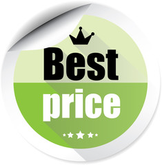 Best price green colorful label, sticker, sign, icon and stamp with crown on white background.