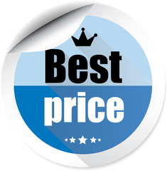 Best price blue colorful label, sticker, sign, icon and stamp with crown on white background.