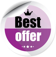 Best offer violet colorful label, sticker, sign, icon and stamp with crown on white background.