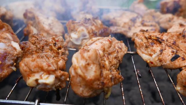 4k resolution. Shish kebab from pork / chicken. Food on the grill. Barbecue