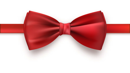 Realistic red bow tie, vector illustration, isolated on white background. Elegant silk neck bow.