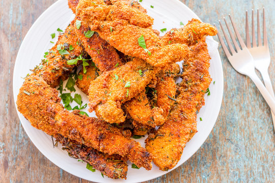 Crispy Fried Chicken Strips Horizontal Over the Top Image.