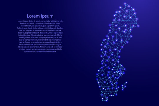 Map of Sweden from polygonal blue lines and glowing stars vector illustration