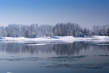 The frozen bank of the river with trees covered with hoarfrost