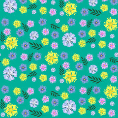A drawing in a small flower on a turquoise background. Millefleurs. Floral seamless background for textile or book covers, production, wallpaper, stamp, gift wrapping and scrapbooking