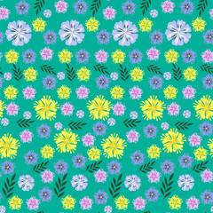 A drawing in a small flower on a turquoise background. Millefleurs. Floral seamless background for textile or book covers, production, wallpaper, stamp, gift wrapping and scrapbooking