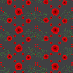 Fototapeta na wymiar Flower pattern in small-colored red flowers on a gray background. Calico Millers.Floral seamless background for textile, surface, fabric, wallpaper, print, gift wrapping and scrapbooking, decoupage