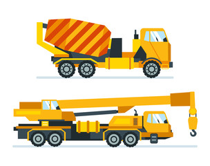 Construction machines, trucks, vehicles for transportation, asphalt, concrete mixing, crane.