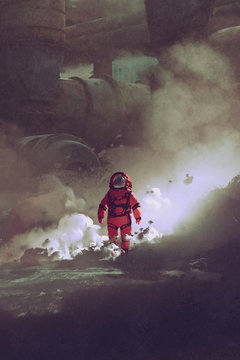 astronaut walking through smoke on planet with sci-fi buildings on background,illustration painting