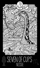 Seven of Cups. Nessie. Minor Arcana Tarot card. Engraved vector illustration. See all collection in my portfolio set