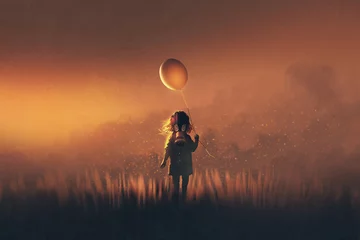 Fototapeten the little girl with gas mask holding balloon standing in fields at sunset,illustration painting © grandfailure