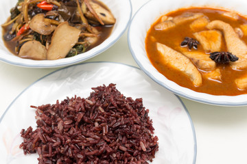 Thai food, Homemade meal of Spicy Stir Fry Japanese Eggplant and Fish Massaman Curry