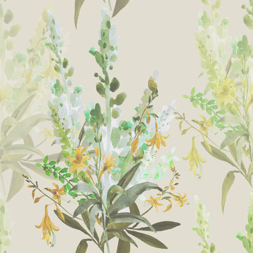 Watercolor illustration of wildflowers, seamless painting on a white and colored background © svemar