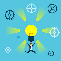 Run up progress. Businessman running lights burning bright idea. Concept business vector illustration.