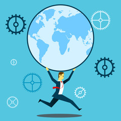 Run up progress. Businessman running with a globe. Concept business vector illustration.