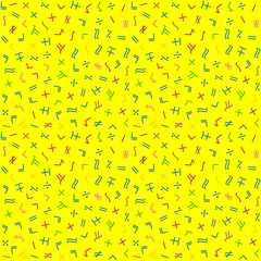 Mathematics geometric seamless pattern in Memphis style. Abstract background from minus, plus, equal, not equal, division, multiplication. Cheerful background for the programmer