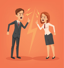 Fototapeta na wymiar Man and woman office workers characters quarreling. Vector flat cartoon illustration