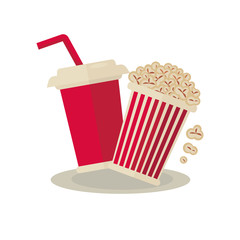 Popcorn carton bowl and soda takeaway on white