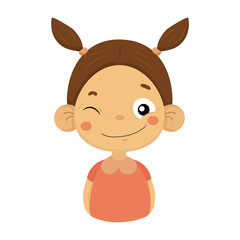 Winking And Smiling Little Girl Flat Cartoon Portrait Emoji Icon With Emotional Facial Expression