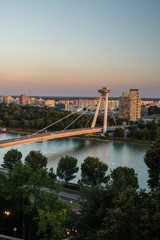 View of the bridge Communist architecture at sunset center of Bratislava Slovakia eastern Europe