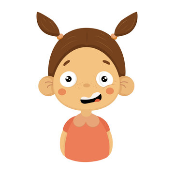Puzzled Little Girl Flat Cartoon Portrait Emoji Icon With Emotional Facial Expression
