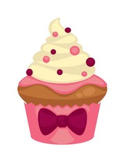 Sweet vanilla cupcake with purple bow and marmalade dots decorations