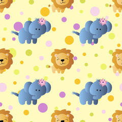 seamless pattern with cartoon cute toy baby elephant, lion and Circles on a light yellow background