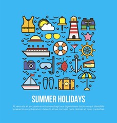 Fototapeta premium Cruise set of summer holidays elements in flat graphic design