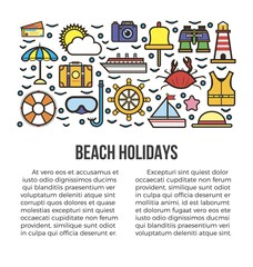 Fototapeta premium Beach holidays information banner vector illustration. Cruise related icons