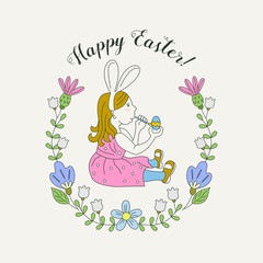 Happy Easter! Girl dressed rabbit paints Easter egg. Vector illustration, greeting card.
