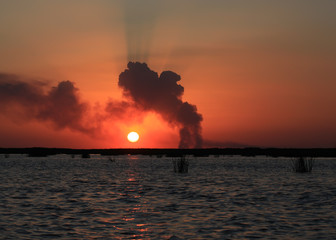 Beautiful sunset in the Volga delta in autumn. Russia.