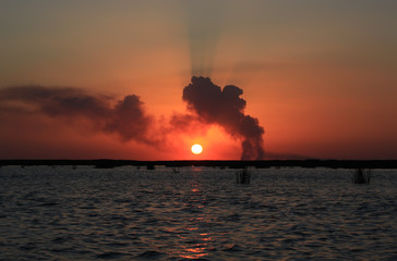 Beautiful sunset in the Volga delta in autumn. Russia.