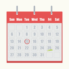 Red flip-flop calendar with gray numbers close-up on white background