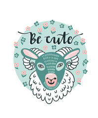Vector cartoon sheep and hand text - 'be cute'. Cute animal design for children shirt.