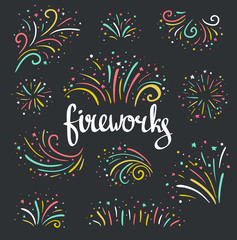 Hand drawn vector colorful Christmas fireworks on dark background.