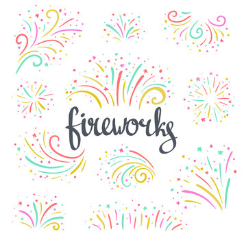 Hand drawn vector colorful Christmas fireworks on the white  background. Bright holiday design elements.