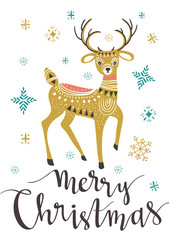 Christmas deer. Template for Greeting Scrap booking, Congratulations, Invitations, greeting card. Vector illustration with isolated christmas poster.