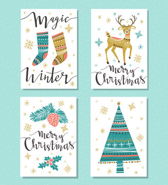 Christmas Set. Template for Greeting Scrap booking, Congratulations, Invitations, greeting cards. Vector illustration with isolated christmas posters.