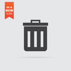 Trash icon in flat style isolated on grey background.